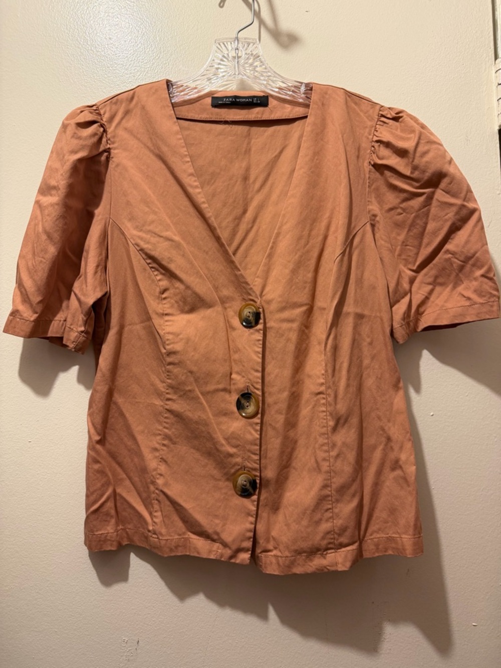 Zara Woman Rust-Tone Button Front Puff Sleeve Blouse